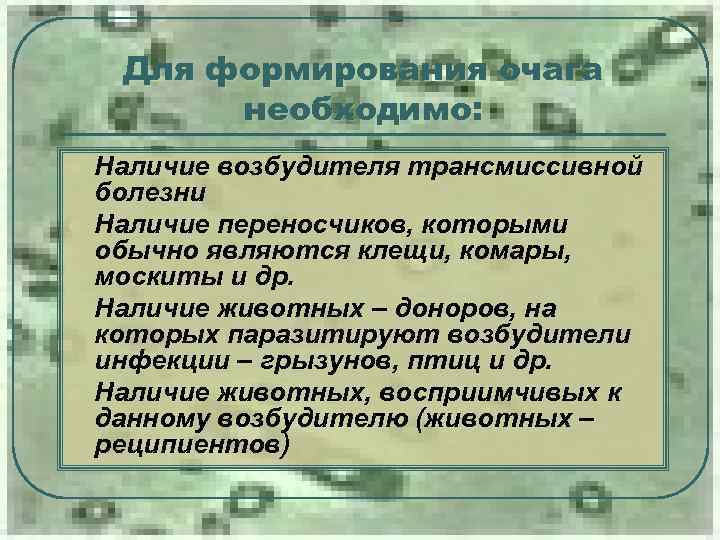 Для формирования очага необходимо: l l Наличие возбудителя трансмиссивной болезни Наличие переносчиков, которыми обычно