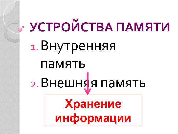 УСТРОЙСТВА ПАМЯТИ 1. Внутренняя память 2. Внешняя память Хранение информации 