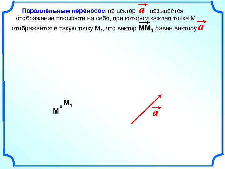 a Параллельным переносом на вектор называется отображение плоскости на себя, при котором каждая точка