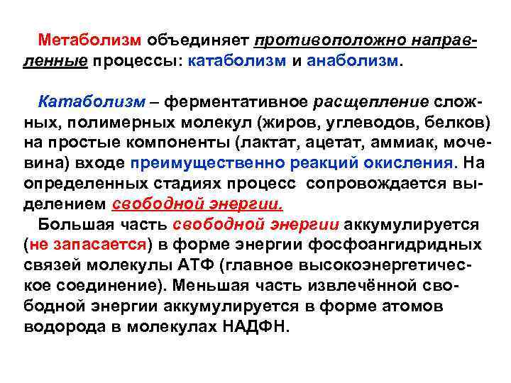 Метаболизм объединяет противоположно направленные процессы: катаболизм и анаболизм. Катаболизм – ферментативное расщепление сложных, полимерных