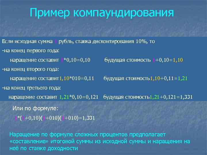 Первоначальная сумма. Дисконтирование и компаундирование. Компаундирование формула. Метод компаундирования и дисконтирования. Пример компаундирования.