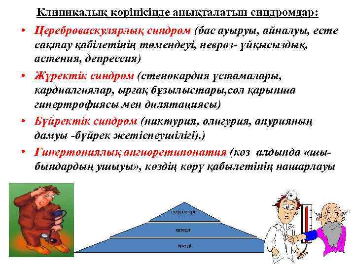 Клиникалық көрінісінде анықталатын синдромдар: • Цереброваскулярлық синдром (бас ауыруы, айналуы, есте сақтау қабілетінің төмендеуі,