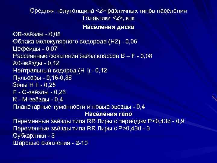 Средняя полутолщина <z> различных типов населения Галактики <z>, кпк Населения диска ОВ-звёзды - 0,