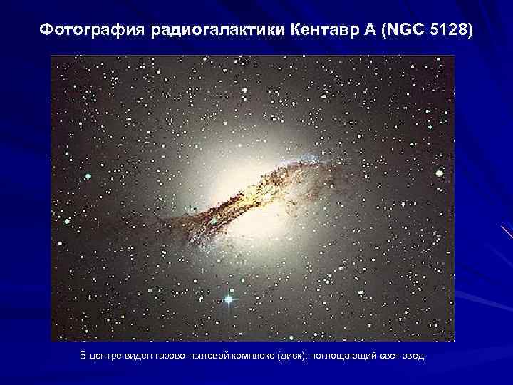 Фотография радиогалактики Кентавр А (NGC 5128) В центре виден газово-пылевой комплекс (диск), поглощающий свет