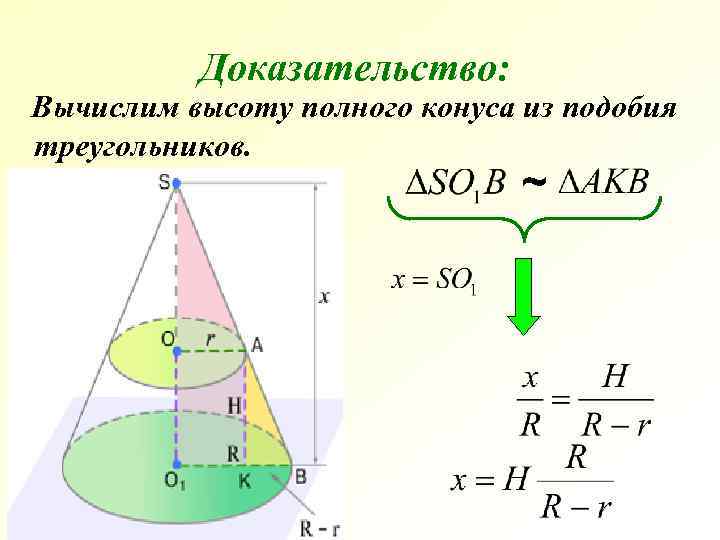 Доказательство: Вычислим высоту полного конуса из подобия треугольников. ~ 