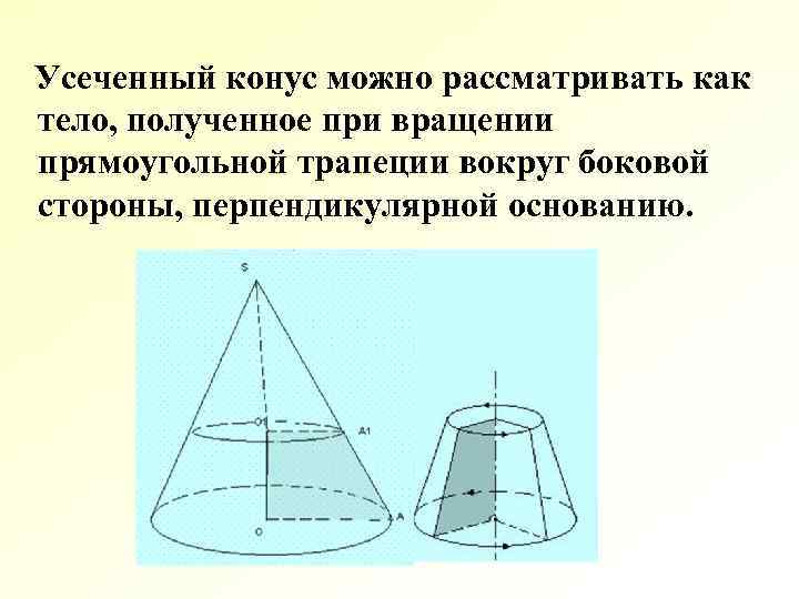 Усеченный конус можно рассматривать как тело, полученное при вращении прямоугольной трапеции вокруг боковой стороны,