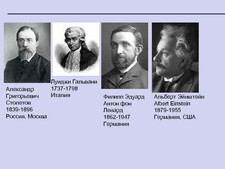 Александр Григорьевич Столетов 1839 -1896 Россия, Москва Луиджи Гальвани 1737 -1798 Италия Филипп Эдуард