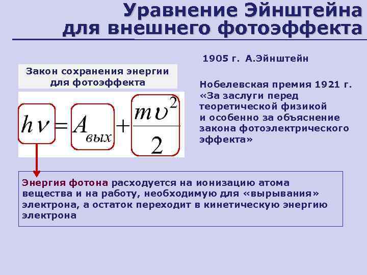 Фотоэффект и его законы уравнение эйнштейна