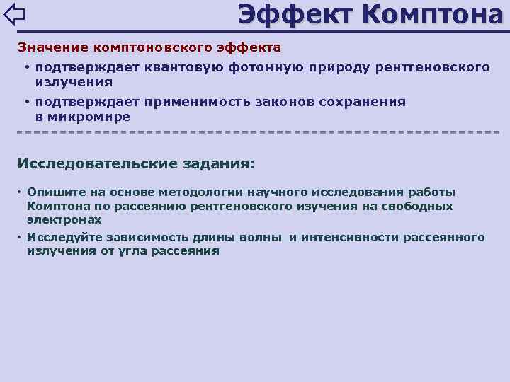Эффект Комптона Значение комптоновского эффекта • подтверждает квантовую фотонную природу рентгеновского излучения • подтверждает