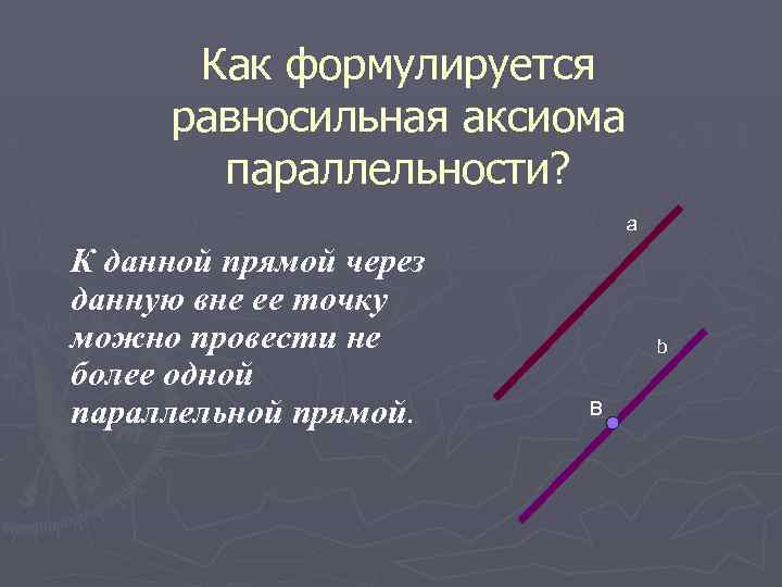 Как формулируется равносильная аксиома параллельности? а К данной прямой через данную вне ее точку