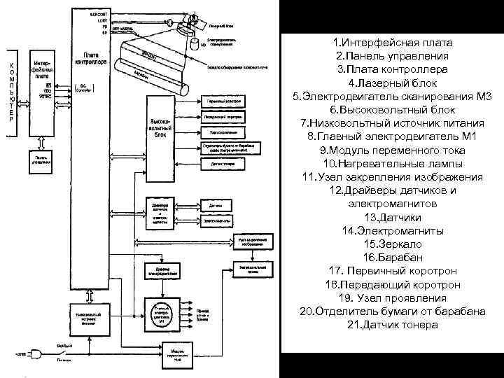 1. Интерфейсная плата 2. Панель управления 3. Плата контроллера 4. Лазерный блок 5. Электродвигатель