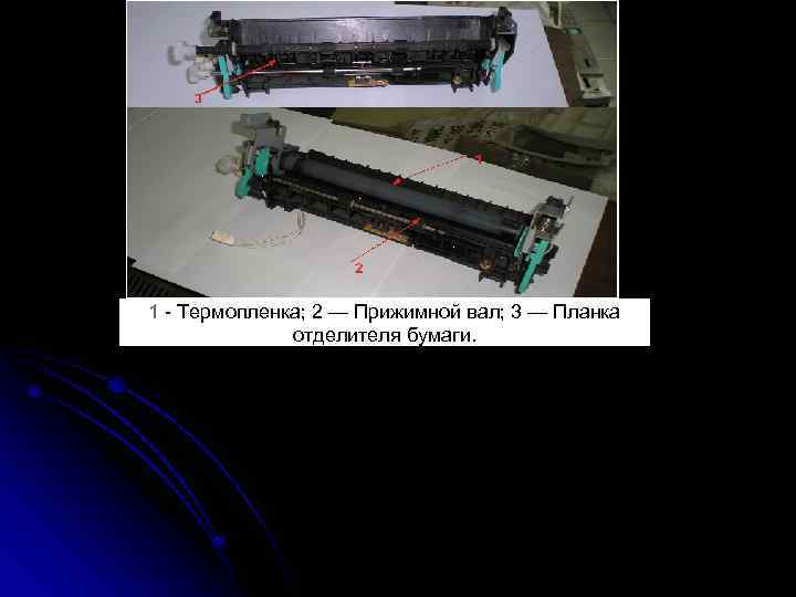 1 - Термопленка; 2 — Прижимной вал; 3 — Планка отделителя бумаги. 