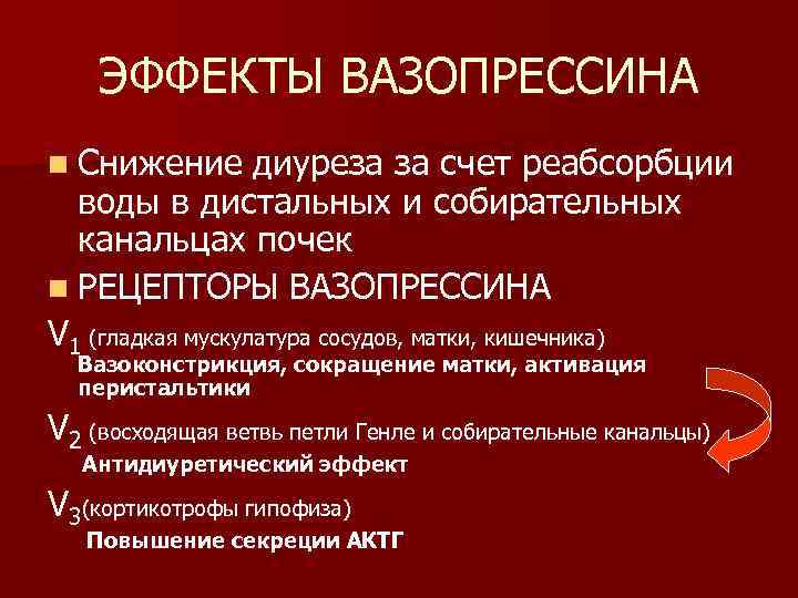 ЭФФЕКТЫ ВАЗОПРЕССИНА n Снижение диуреза за счет реабсорбции воды в дистальных и собирательных канальцах