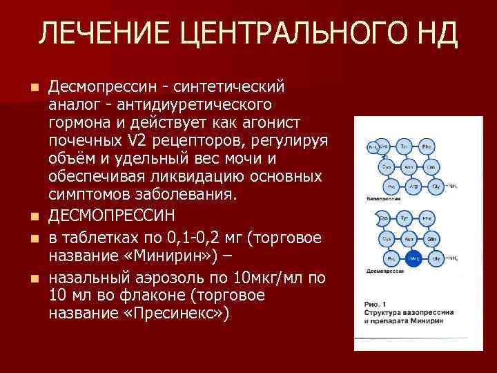 ЛЕЧЕНИЕ ЦЕНТРАЛЬНОГО НД n n Десмопрессин - синтетический аналог - антидиуретического гормона и действует