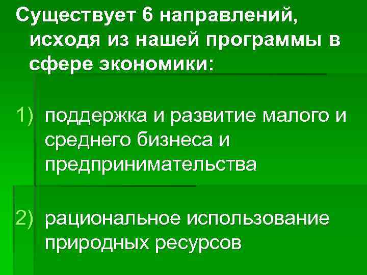 Существует 6 направлений, исходя из нашей программы в сфере экономики: 1) поддержка и развитие