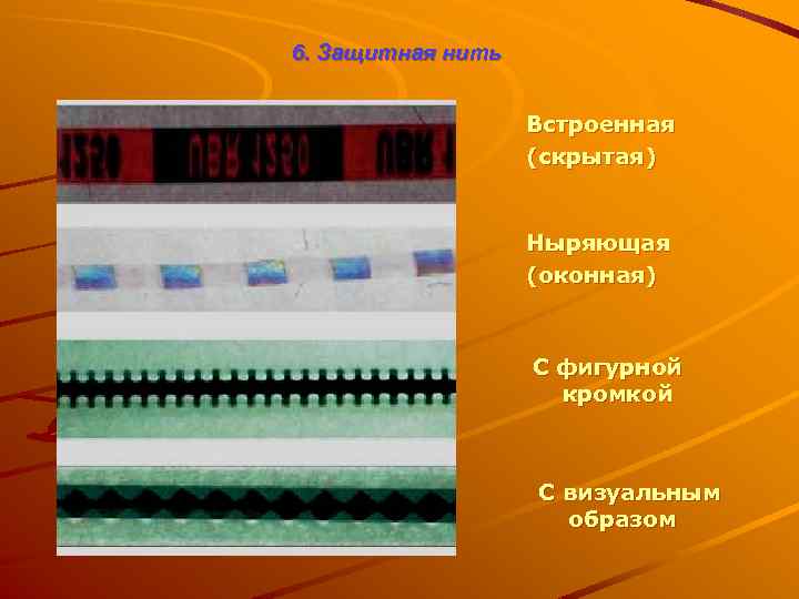 6. Защитная нить Встроенная (скрытая) Ныряющая (оконная) С фигурной кромкой С визуальным образом 