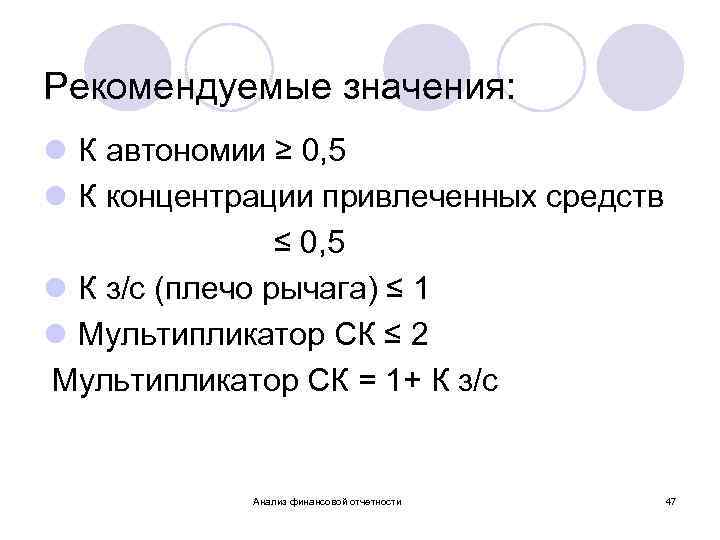 Рекомендуемые значения: l К автономии ≥ 0, 5 l К концентрации привлеченных средств ≤