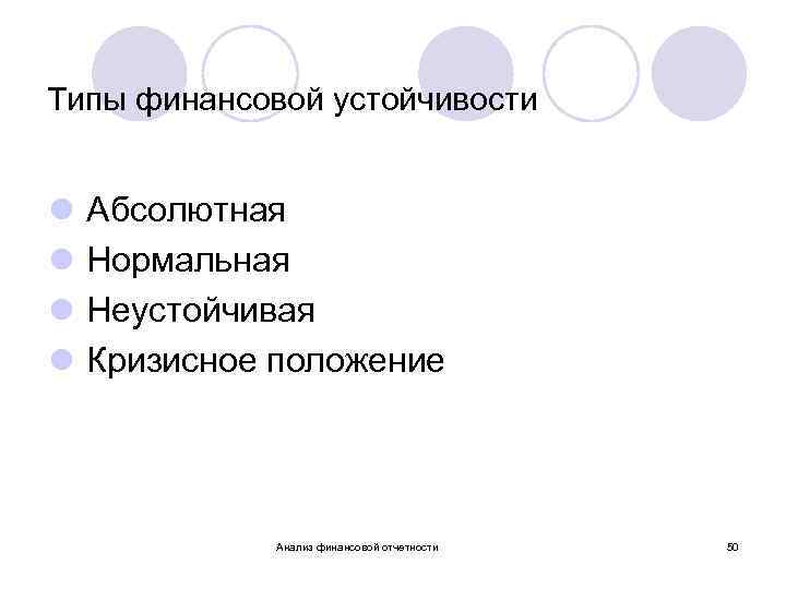 Типы финансовой устойчивости l l Абсолютная Нормальная Неустойчивая Кризисное положение Анализ финансовой отчетности 50