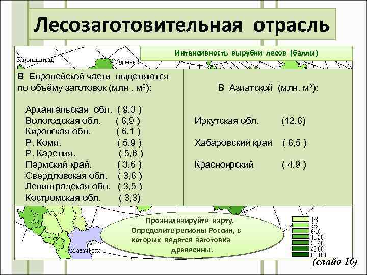 Лесозаготовительная отрасль Интенсивность вырубки лесов (баллы) В Европейской части выделяются по объёму заготовок (млн.