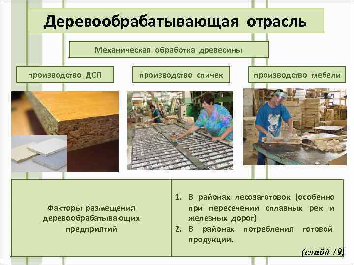 Деревообрабатывающая отрасль Механическая обработка древесины производство ДСП производство спичек Факторы размещения деревообрабатывающих предприятий производство