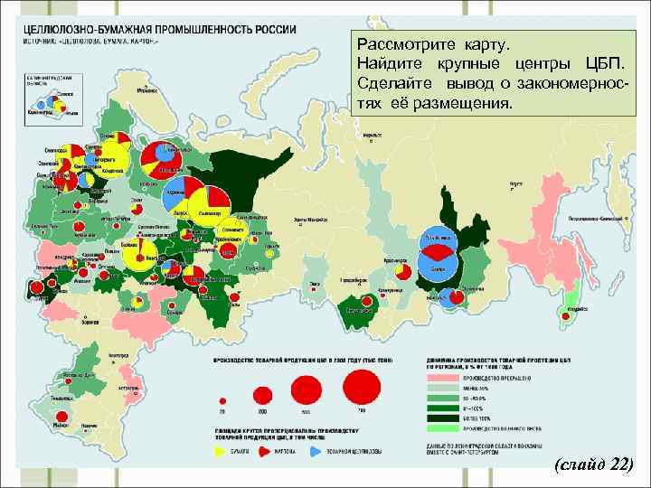 Рассмотрите карту. Найдите крупные центры ЦБП. Сделайте вывод о закономерностях её размещения. (слайд 22)