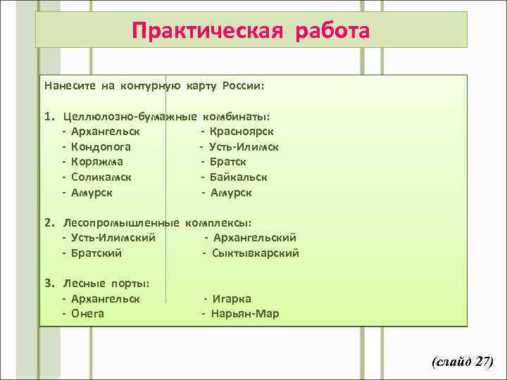 Практическая работа Нанесите на контурную карту России: 1. Целлюлозно-бумажные комбинаты: - Архангельск - Красноярск