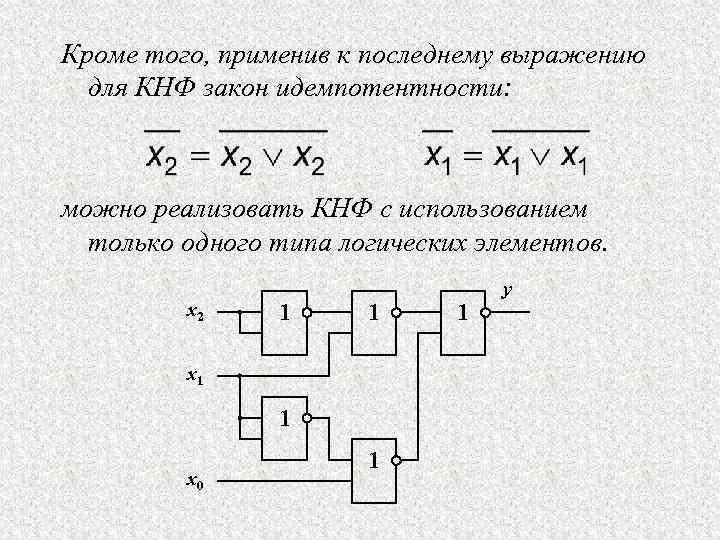 Кроме того, применив к последнему выражению для КНФ закон идемпотентности: можно реализовать КНФ с