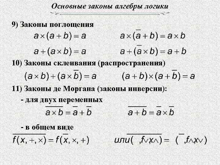 Основные законы алгебры логики 9) Законы поглощения 10) Законы склеивания (распространения) 11) Законы де