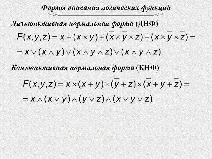 Формы описания логических функций Дизъюнктивная нормальная форма (ДНФ) Конъюнктивная нормальная форма (КНФ) 