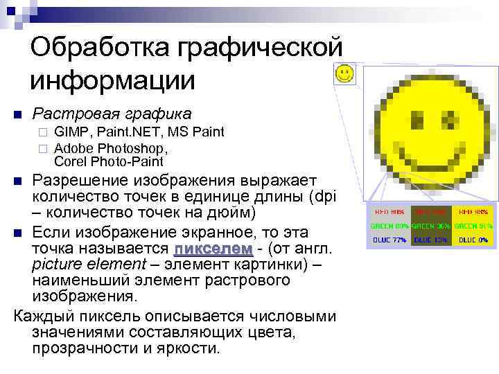Обработка графической информации n Растровая графика ¨ ¨ GIMP, Paint. NET, MS Paint Adobe