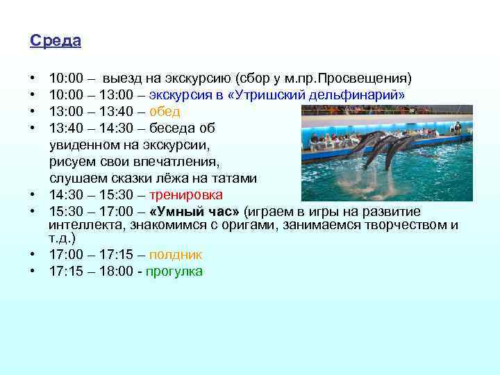 Среда • • 10: 00 – выезд на экскурсию (сбор у м. пр. Просвещения)