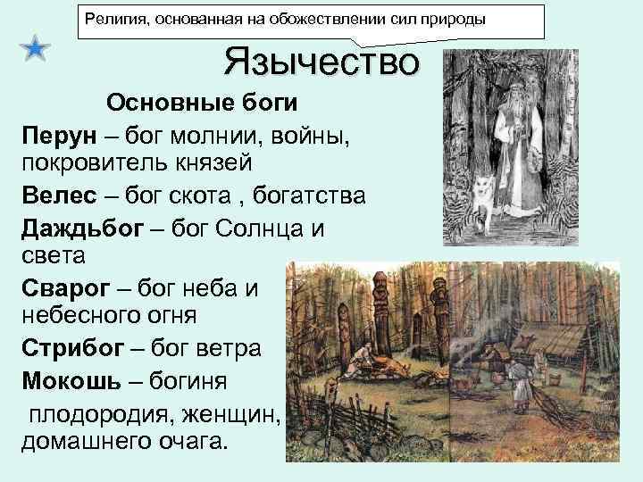 Религия, основанная на обожествлении сил природы Язычество Основные боги Перун – бог молнии, войны,