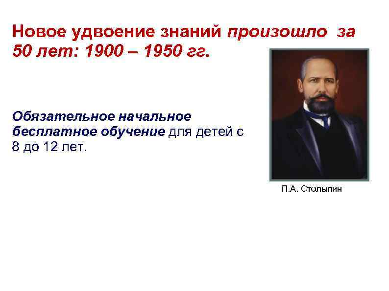 Новое удвоение знаний произошло за 50 лет: 1900 – 1950 гг. Обязательное начальное бесплатное