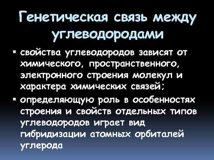 Генетическая связь между углеводородами свойства углеводородов зависят от химического, пространственного, электронного строения молекул и