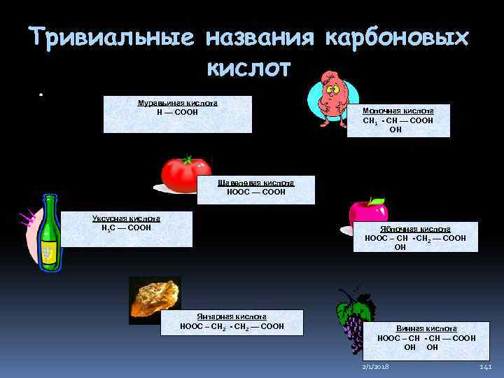Тривиальные названия карбоновых кислот Муравьиная кислота Н –– COOH Молочная кислота СН 3 -