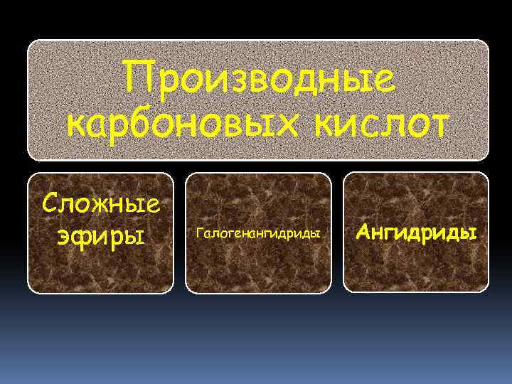 Производные карбоновых кислот Сложные эфиры Галогенангидриды Ангидриды 