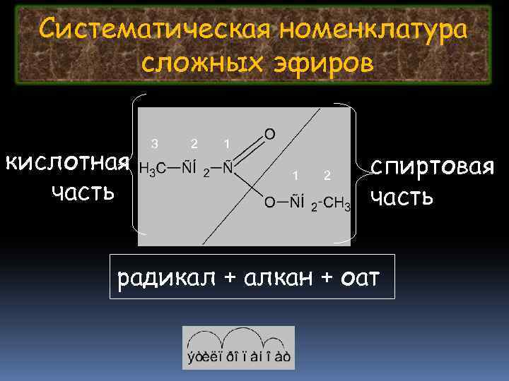 Систематическая номенклатура сложных эфиров кислотная часть 3 2 1 1 2 спиртовая часть радикал