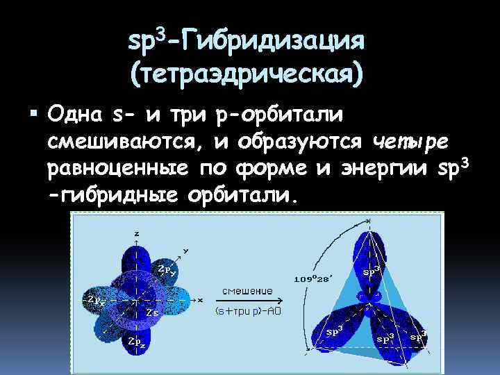 sp 3 -Гибридизация (тетраэдрическая) Одна s- и три р-орбитали смешиваются, и образуются четыре равноценные