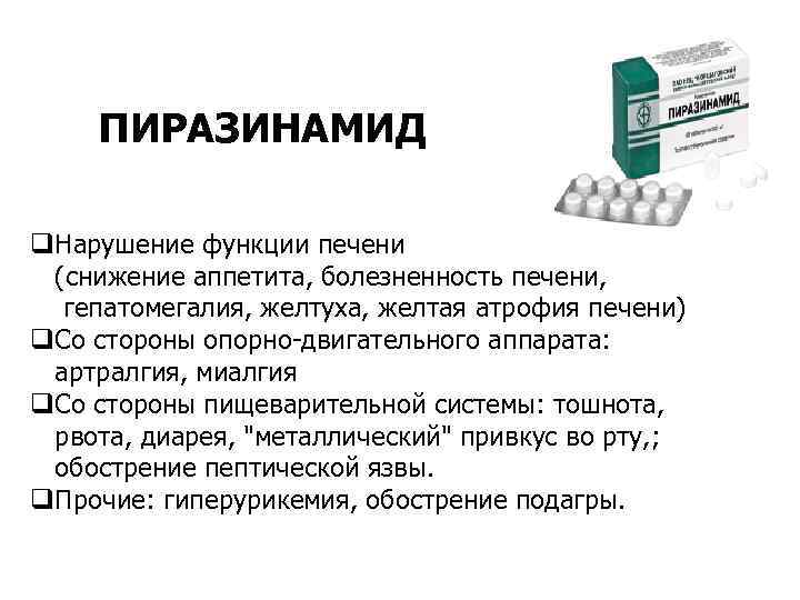 ПИРАЗИНАМИД q. Нарушение функции печени (снижение аппетита, болезненность печени, гепатомегалия, желтуха, желтая атрофия печени)