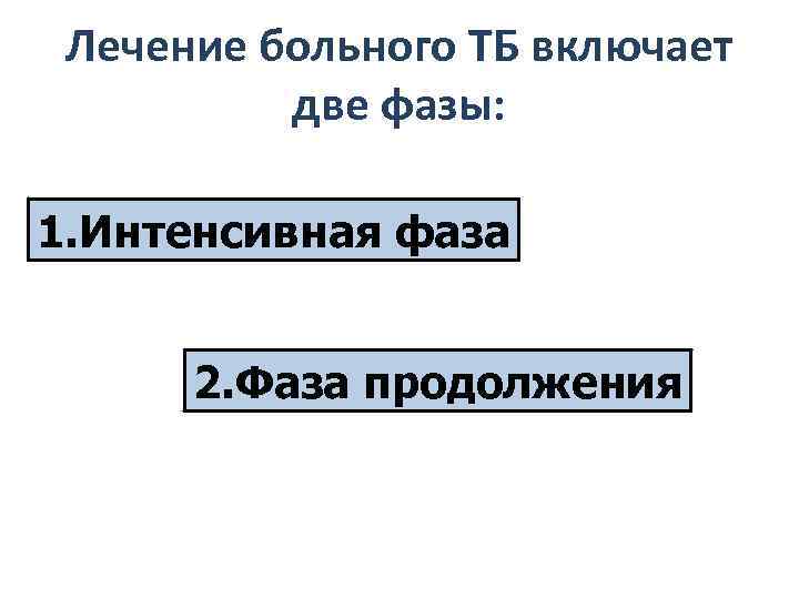 Лечение больного ТБ включает две фазы: 1. Интенсивная фаза 2. Фаза продолжения 