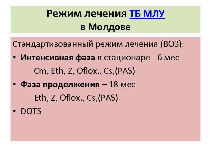 Режим лечения ТБ МЛУ в Молдове Стандартизованный режим лечения (ВОЗ): • Интенсивная фаза в