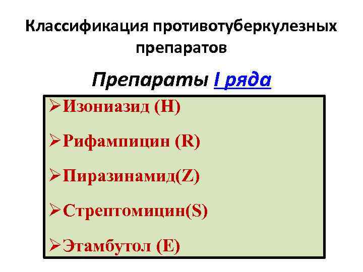 Классификация противотуберкулезных препаратов Препараты I ряда ØИзониазид (H) ØРифампицин (R) ØПиразинамид(Z) ØСтрептомицин(S) ØЭтамбутол (E)