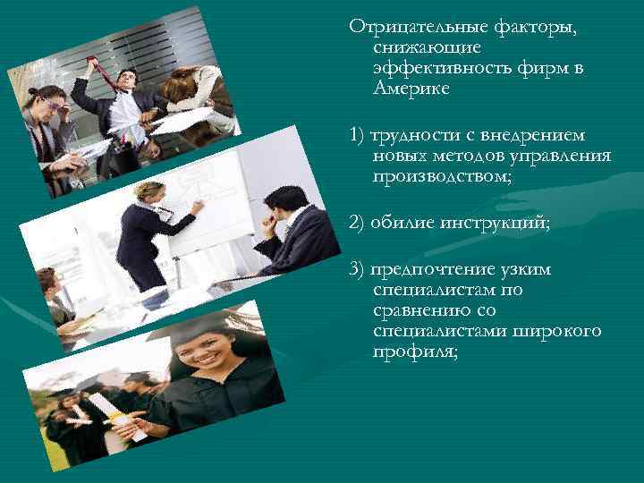 Отрицательные факторы, снижающие эффективность фирм в Америке 1) трудности с внедрением новых методов управления