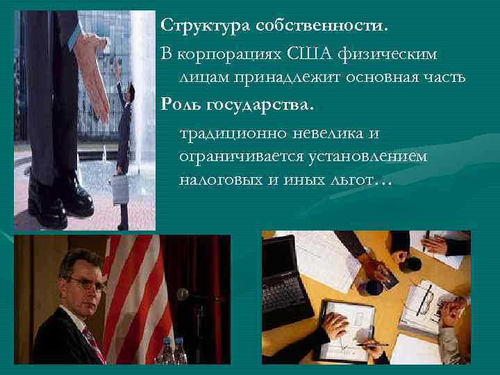 Структура собственности. В корпорациях США физическим лицам принадлежит основная часть Роль государства. традиционно невелика