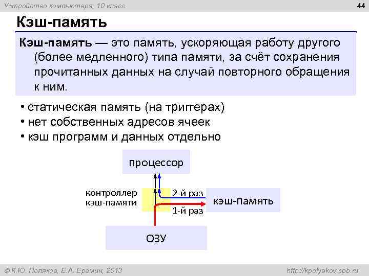 44 Устройство компьютера, 10 класс Кэш-память — это память, ускоряющая работу другого (более медленного)