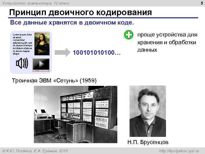 5 Устройство компьютера, 10 класс Принцип двоичного кодирования Все данные хранятся в двоичном коде.