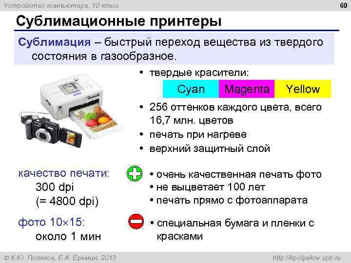 69 Устройство компьютера, 10 класс Сублимационные принтеры Сублимация – быстрый переход вещества из твердого