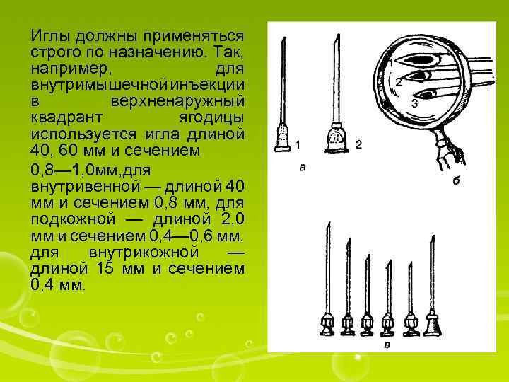 Иглы должны применяться строго по назначению. Так, например, для внутримышечной инъекции в верхненаружный квадрант
