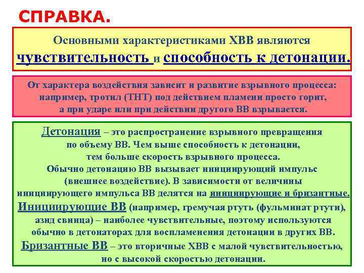 СПРАВКА. Основными характеристиками ХВВ являются чувствительность и способность к детонации. От характера воздействия зависит