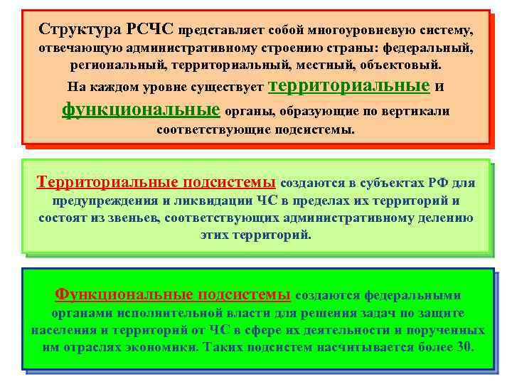 Структура РСЧС представляет собой многоуровневую систему, отвечающую административному строению страны: федеральный, региональный, территориальный, местный,